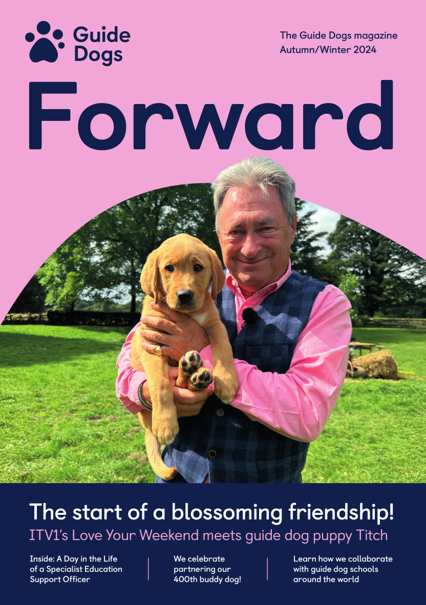 On the front cover is a photograph of television presenter Alan Titchmarsh MBE holding  Titch, a retriever/Labrador cross guide dog puppy