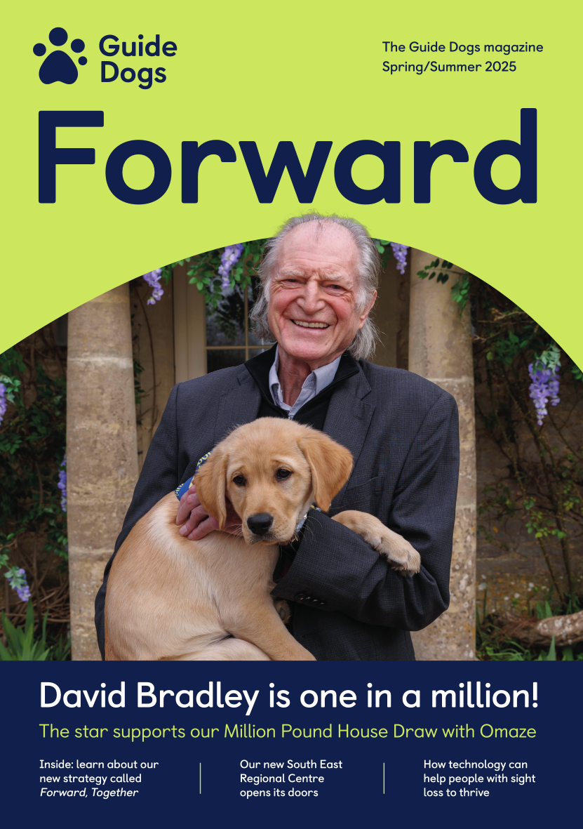 On the front cover is a photograph of television presenter Alan Titchmarsh MBE holding  Titch, a retriever/Labrador cross guide dog puppy