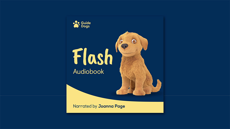 Flash audiobook cover features Flash animated puppy and 'narrated by Joanna Page'