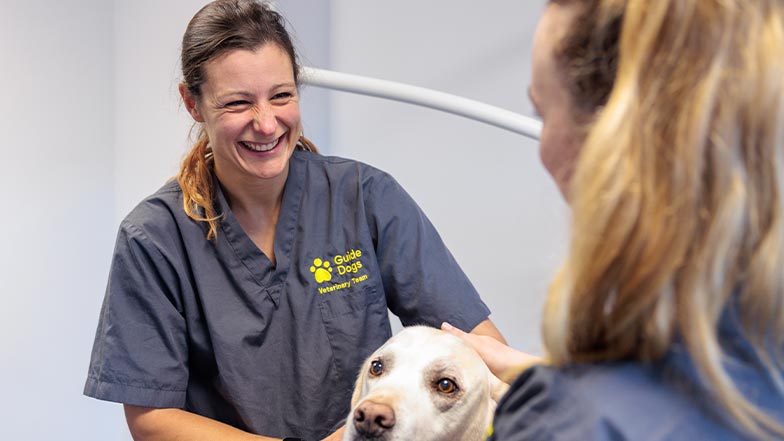 Two Guide Dogs employees smiling with a Guide Dog