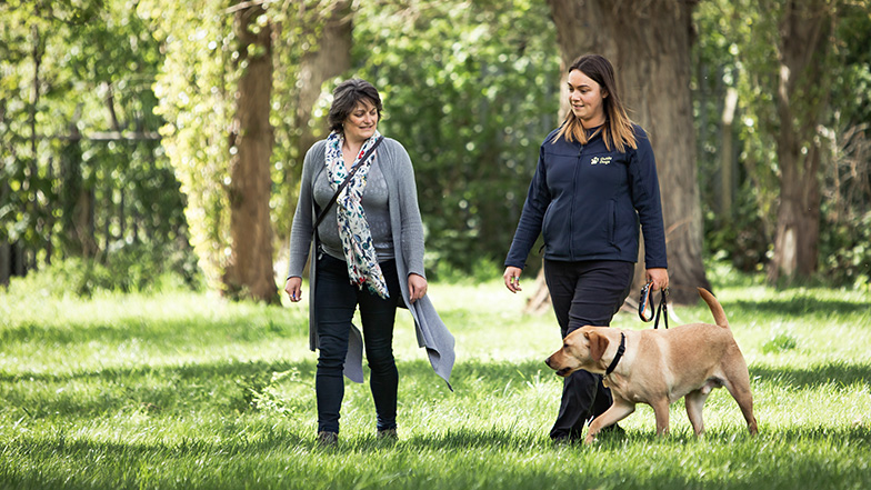 Guide Dogs staff member walking with a guide dog owner in a park