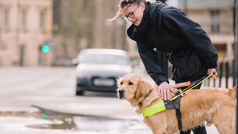 Woman crossing the road with guide dog