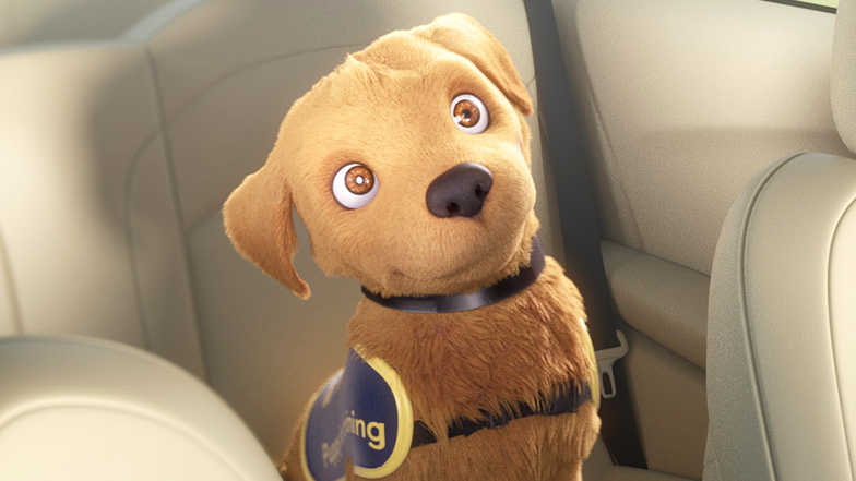 Animated Flash puppy sits in a car looking happy