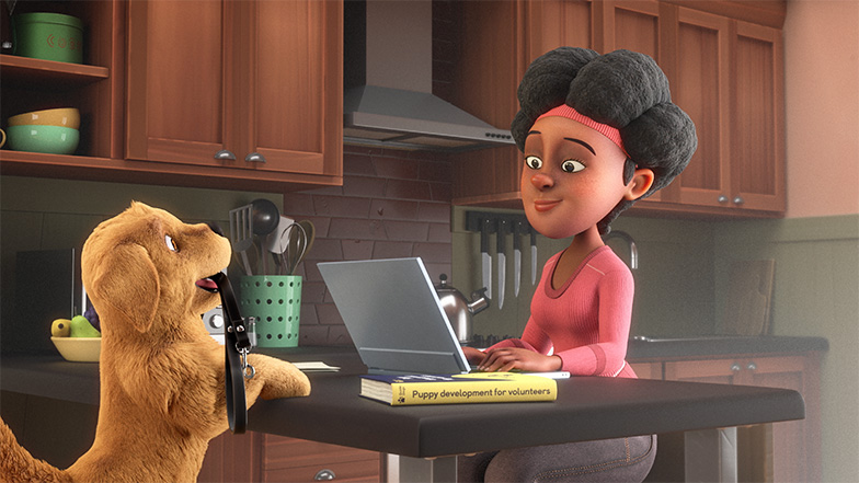 Animated puppy Flash holds a lead in her mouth to give to puppy raiser