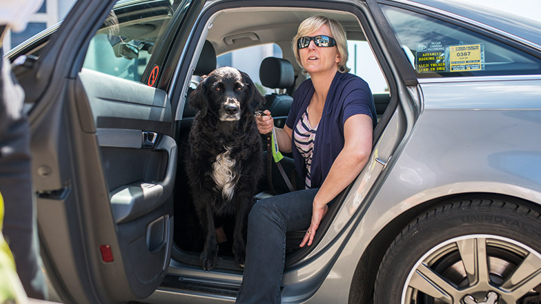 Guide dog owner and guide dog sit in a taxi but look out to driver in uncertainty