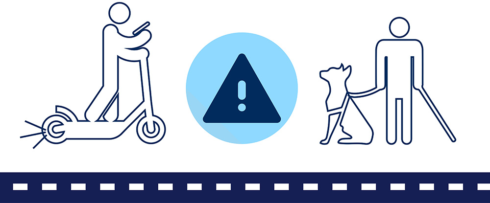 Infographic showing someone on a scooter, a danger sign and a guide dog owner and dog