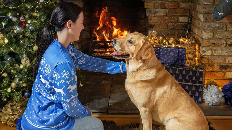 A woman and yellow Labrador sit in front of a fireplace and Christmas tree