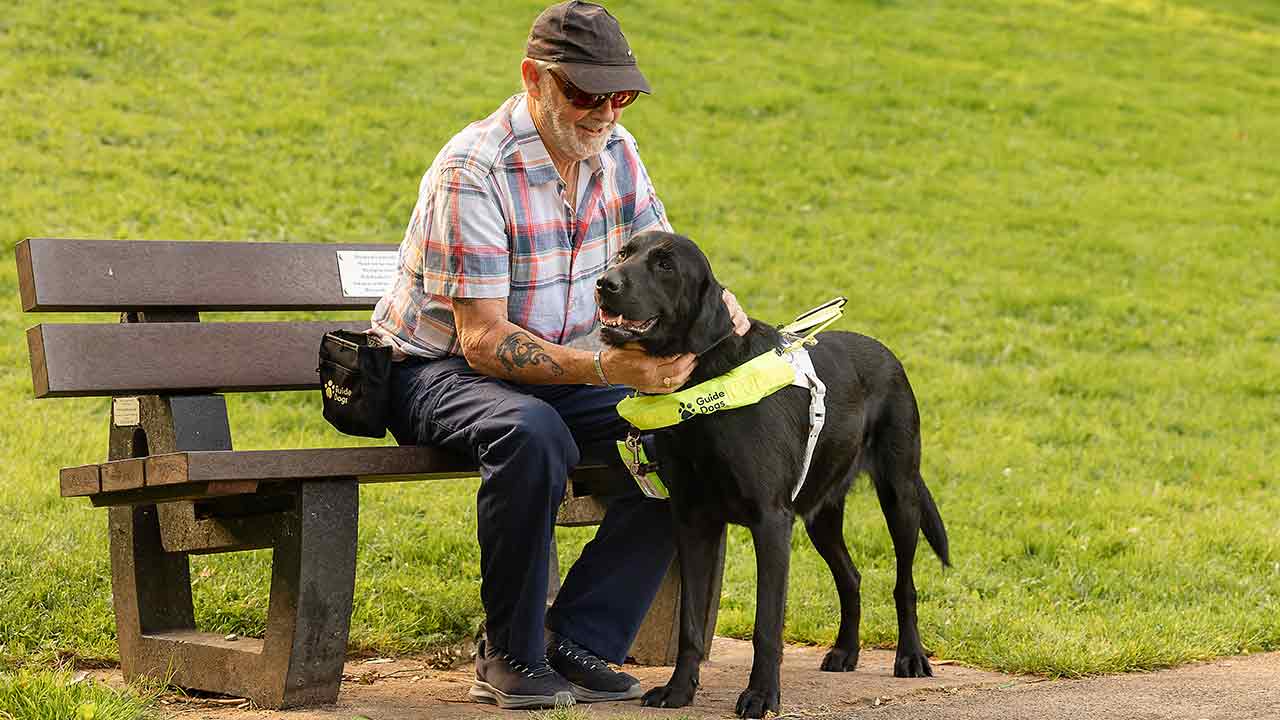 A black Labrador retriever guide dog stands on a path next to his owner, who is sat on a park bench.