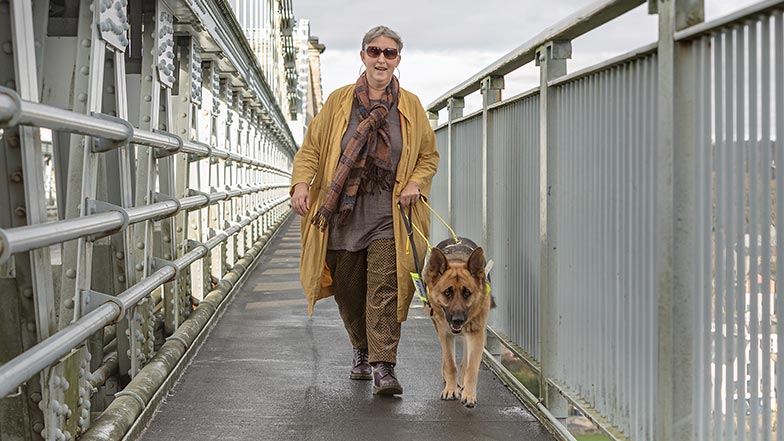 A German shepherd guide dog and their partner walk along a bridge.