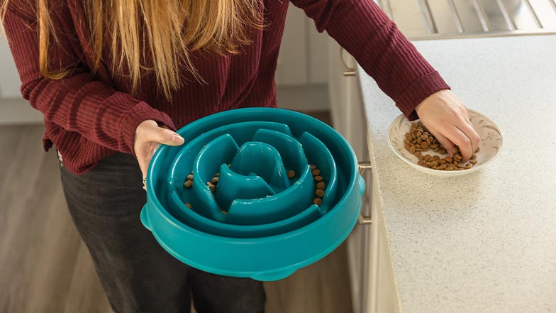 A woman fills a blue slow feeder with dog food