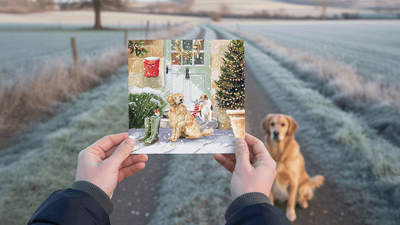 Someone holding a Guide Dogs Christmas card up with fields in the background and a dog that looks the same as on the card