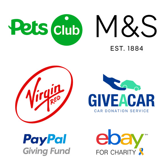Graphic with affinity partner logos including Pets at Home Pets Club, M&S, Virgin Red, GIveacar, PayPal and ebay for Charity
