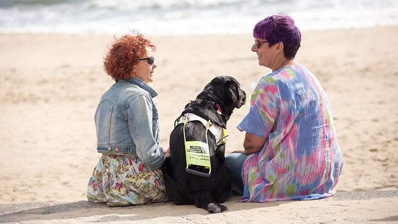 Guide dog owner and her friend sitting together on a beach with her guide dog between them