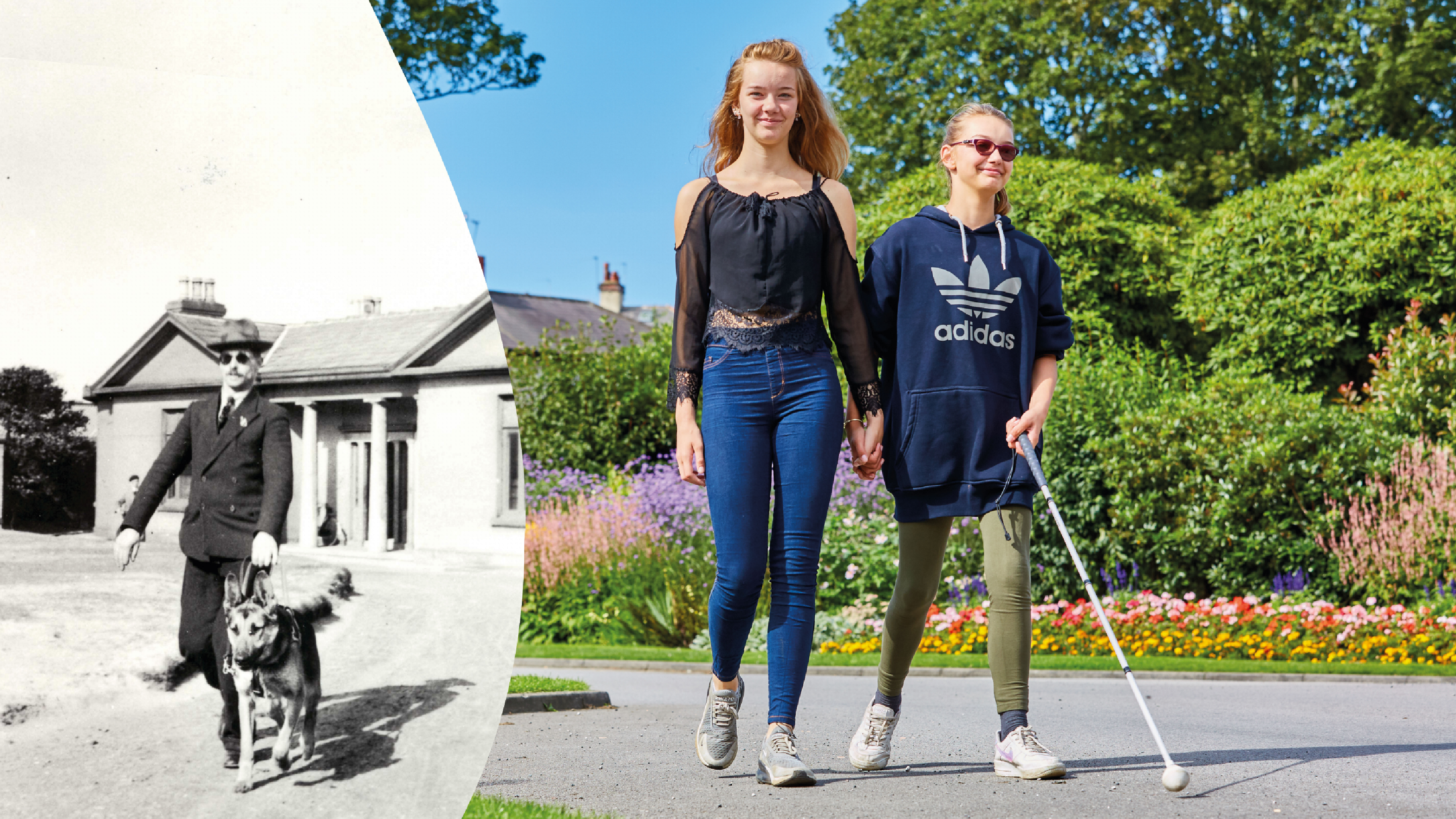 A split photograph of Guide Dogs' service users, one 90 years ago and another today.