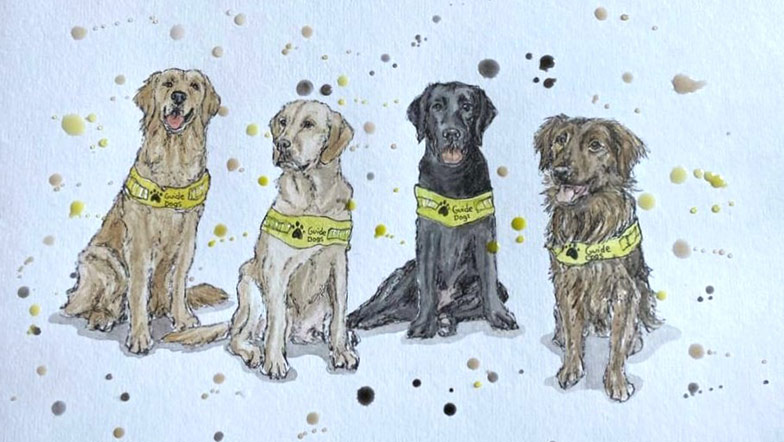 An original ink and watercolour A4 painting of guide dogs in training donated by artist Eleanor Tomlinson