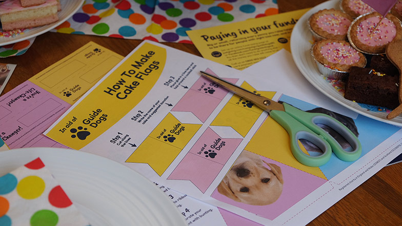 A Guide Dogs resource from the Tea Party pack of cake flags to cut out and a pair of scissors
