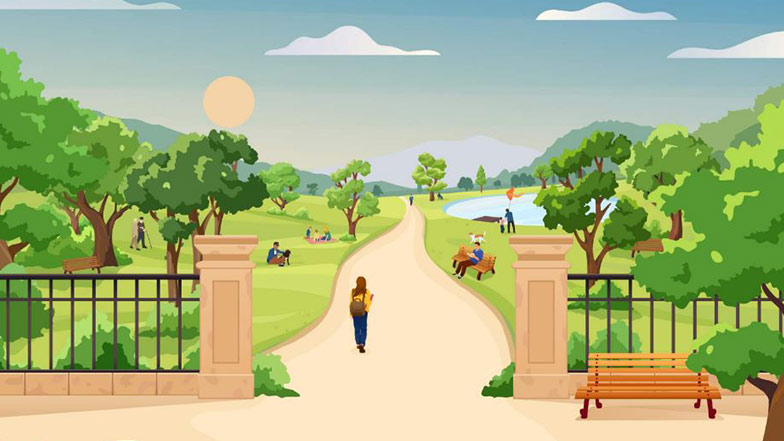 Representation of a park on a sunny day gates open onto a path