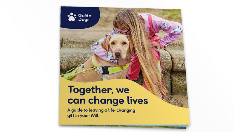 Gifts in Wills guide shot of pack featuring a young girl and her guide dog. The title is "Together, we can change lives".