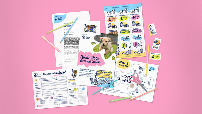 The Guide Dogs fundraising tools in a collage with a pink background