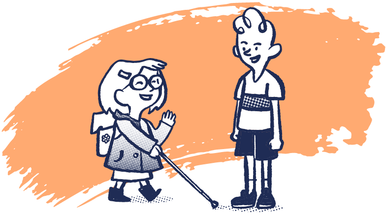Illustration of a cane user waving to a friend