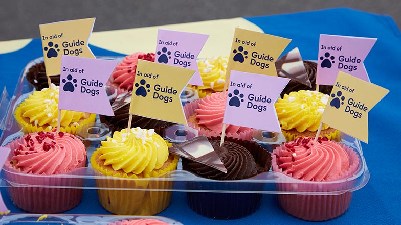 a tray of cupcakes with Guide Dogs flags