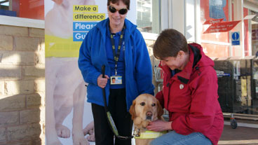 A volunteer stood outside a shop with a collection box while her guide dogs sits beside her 