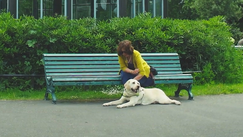 Guide dog owner sitting on a bench with her guide dog at her feet