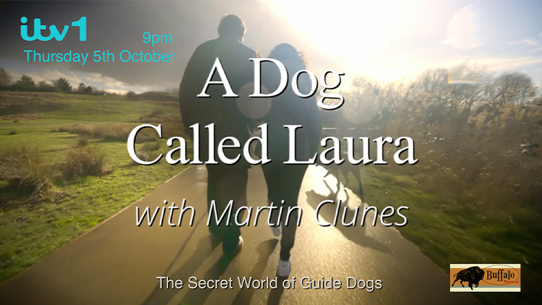 The title card for the ITV programme 'A Dog Called Laura'. Martin and guide dog owner Jaina walk together in a sunny park. The text overlaying the image includes the title of the show and the ITV logo.