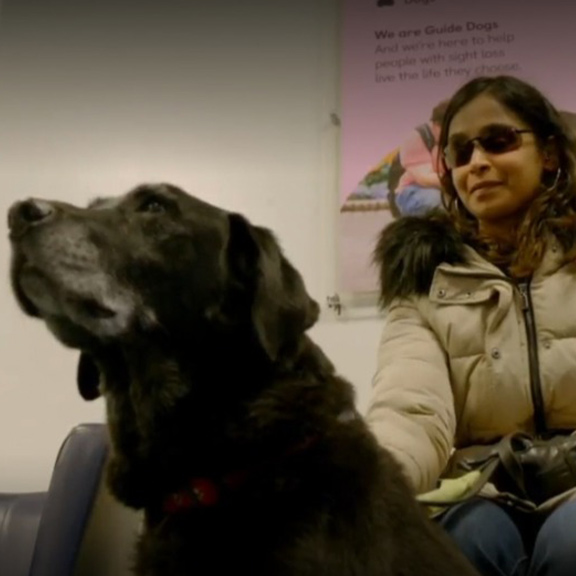 Jaina sits on a chair stroking her guide dog, Laura.