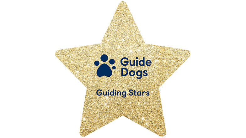 Glittery Guiding Stars star with Guide Dogs logo