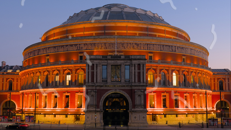 Royal Albert Hall lit up at night as seen by someone with eye floaters
