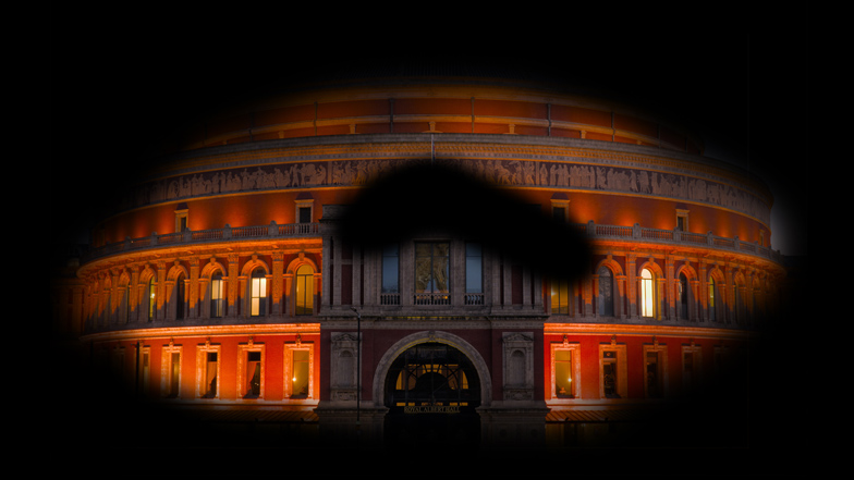 Royal Albert Hall lit up at night as seen by someone with glaucoma