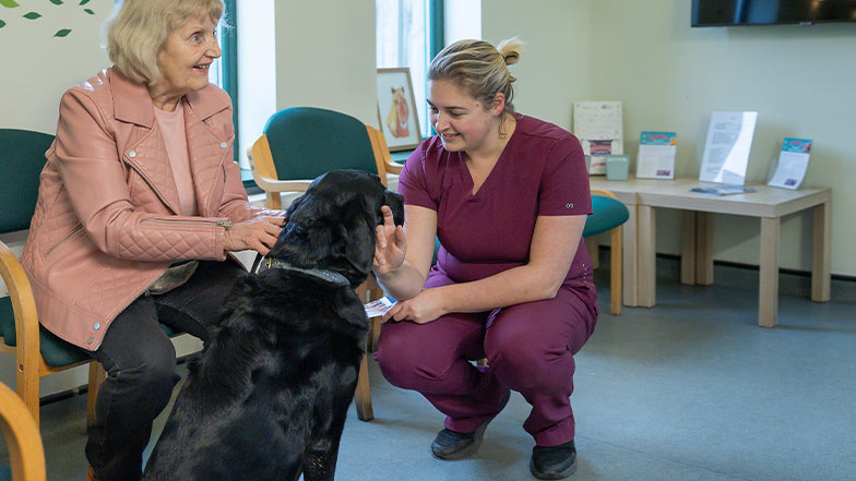 A vet greets a guide dog owner and their guide dog in a veterinary clinic waiting room.