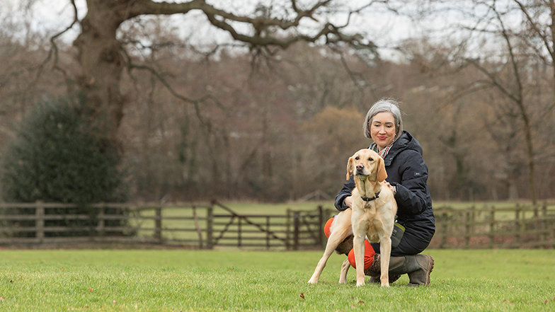 Labrador and guide dog owner standing in field