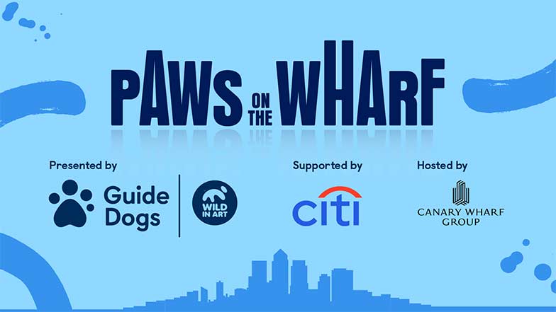 Graphical silhouette of Canary Wharf cityscape, plus the Paws on the Wharf logo and partner logo consisting Wild in Art, Citi and Canary Wharf Group logos