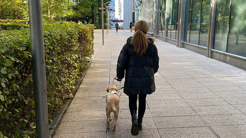 A rear view of guide dog owner Lorraine and guide dog Theia walking in Canary Wharf