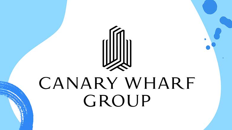 The black Canary Wharf Group logo on a white background with blue paint splats