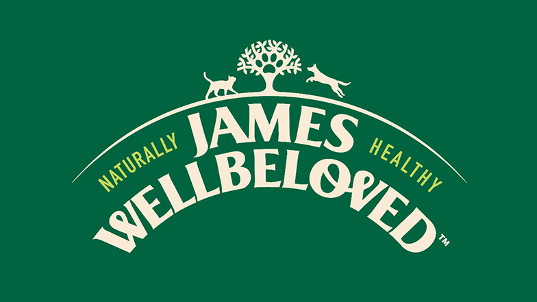 A cream James Wellbeloved logo on a green background