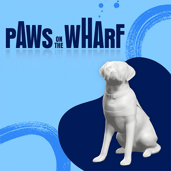 A blue graphic showing the blank white guide dog sculpture and the Paws on the Wharf logo
