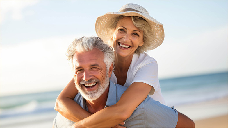 A smiling woman and man on a beach, the woman has her hands on the man's shoulders. 