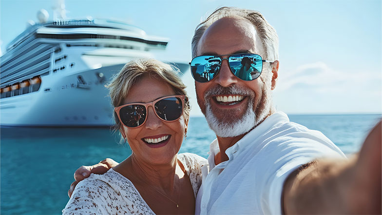 A couple dressed in summer outfits taking a selfie in front of a cruise liner.