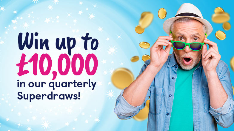 A man holding his glasses and looking surprised with text saying "Win up to £10,000 in our quarterly superdraws"