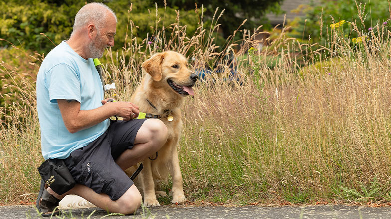 A guide dog owner and his guide dog sit beside some wildflowers.