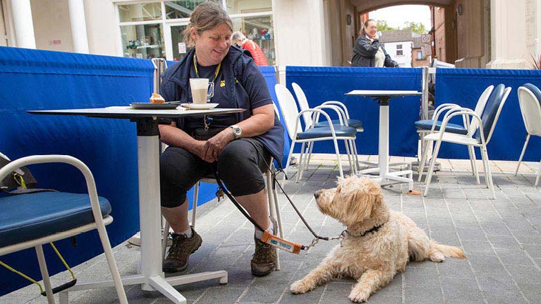 Finn and his Trainer sitting outside a café 