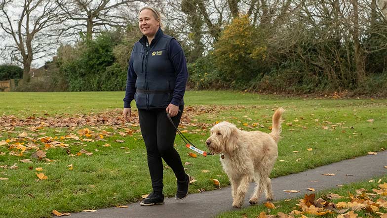 Finn and trainer walking in a park