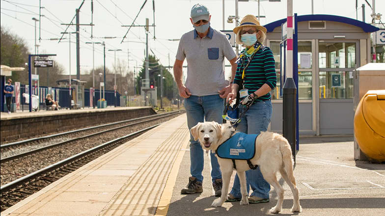 Willow and her Puppy Raisers on a train platform