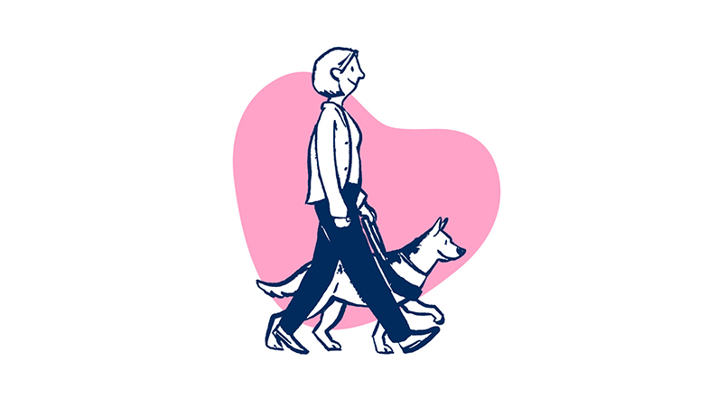 Illustration of a woman walking with a guide dog beside her