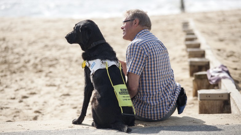 Guide dog owner and dog sitting on the beach Guide Dogs