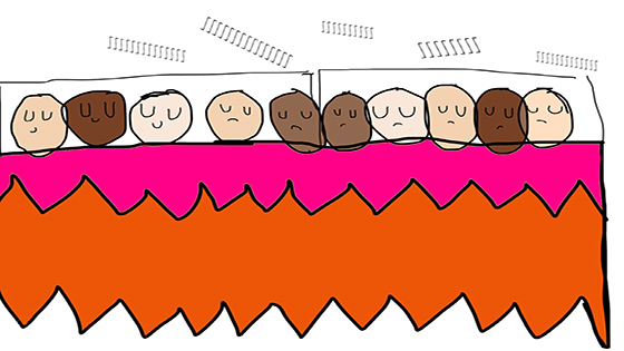 An illustration of ten people in a bed with zzzzzzz's above their heads