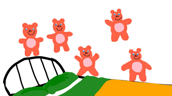 An illustration of five bears jumping on a bed